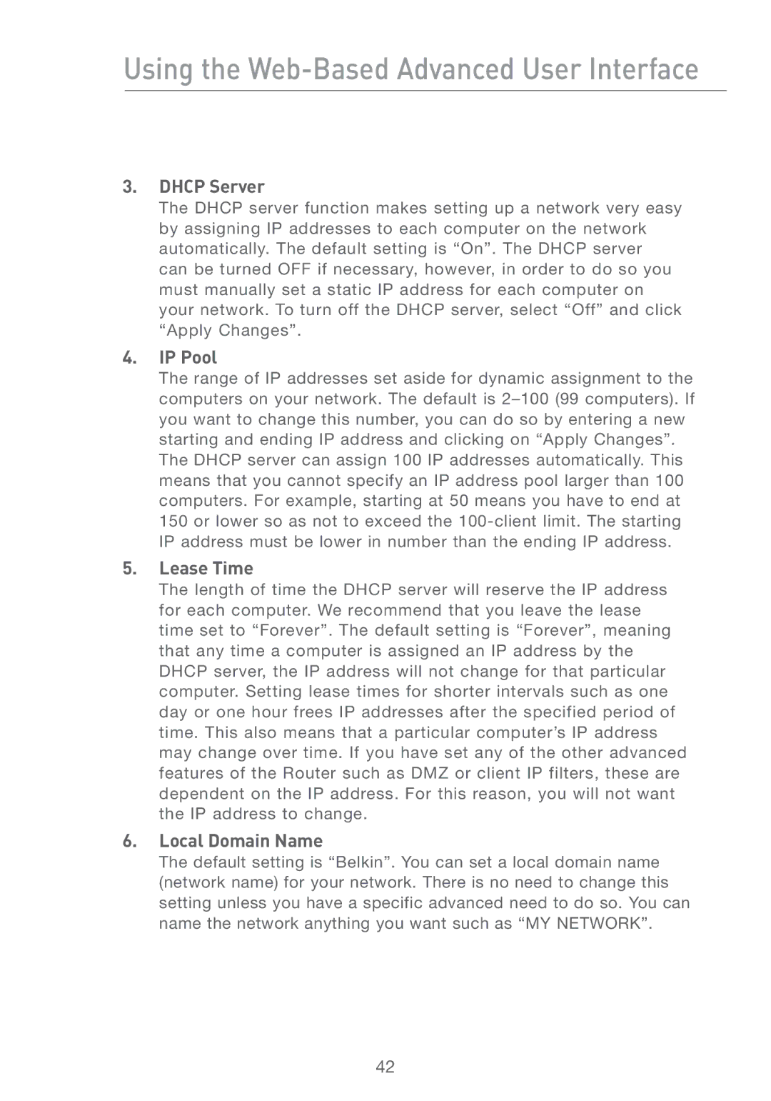 Belkin F5D7231-4 Using the Web-Based Advanced User Interface, Dhcp Server, IP Pool, Lease Time, Local Domain Name 