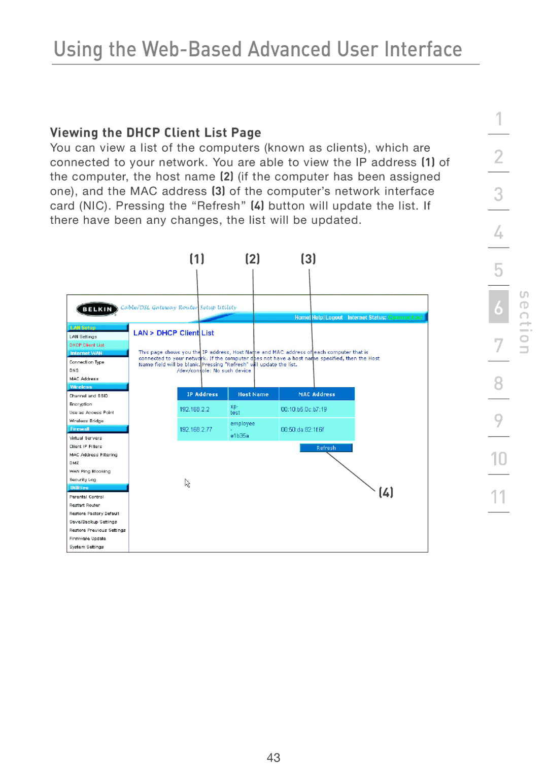 Belkin F5D7231-4 user manual Using the Web-Based Advanced User Interface, Viewing the Dhcp Client List 