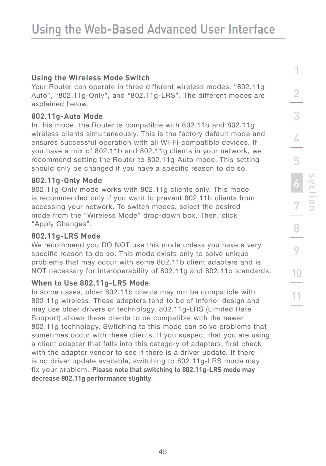 Belkin F5D7231-4 user manual Using the Wireless Mode Switch, 802.11g-Auto Mode, 802.11g-Only Mode, 802.11g-LRS Mode 