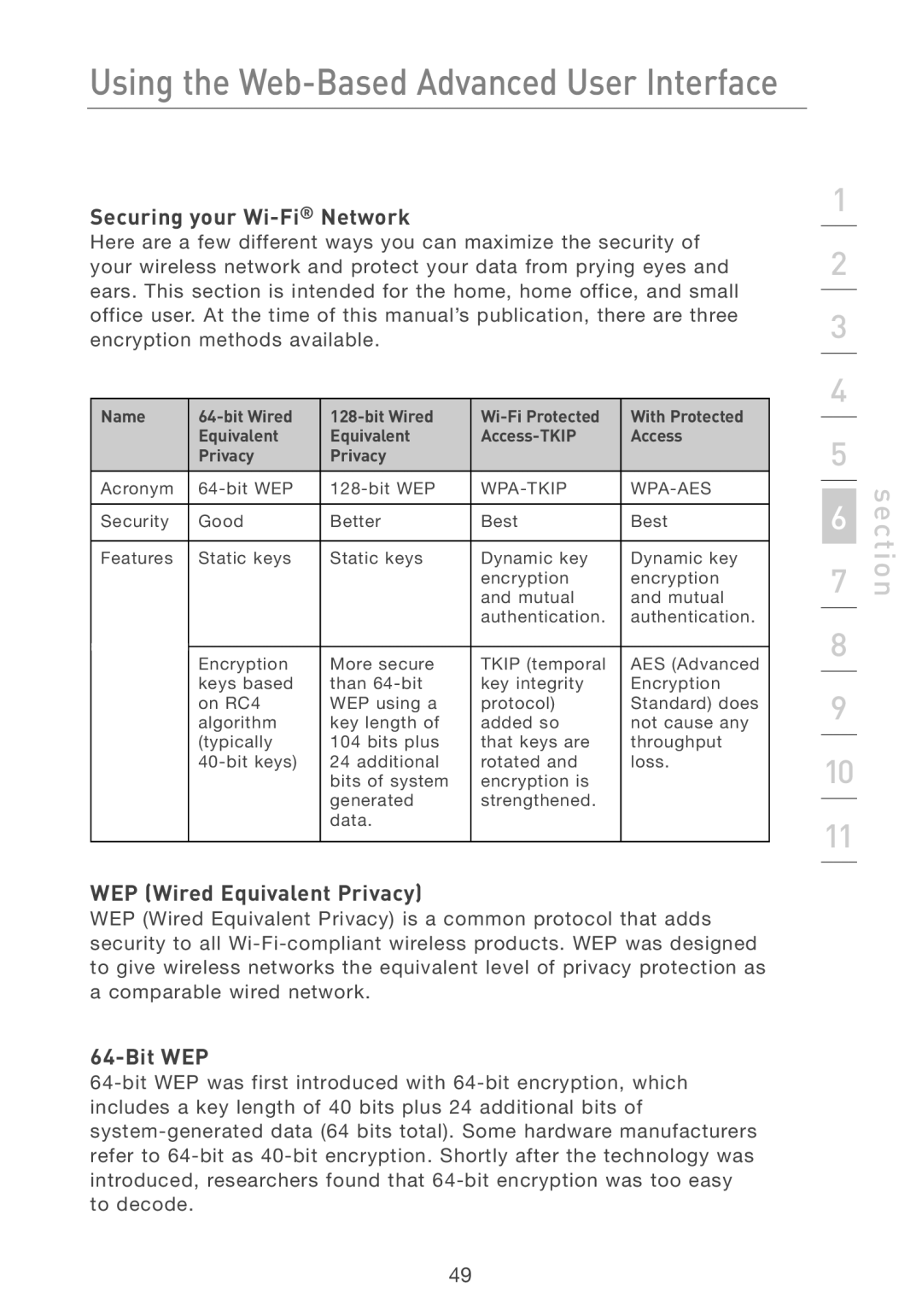 Belkin F5D7231-4 user manual Securing your Wi-FiNetwork, WEP Wired Equivalent Privacy, Bit WEP 