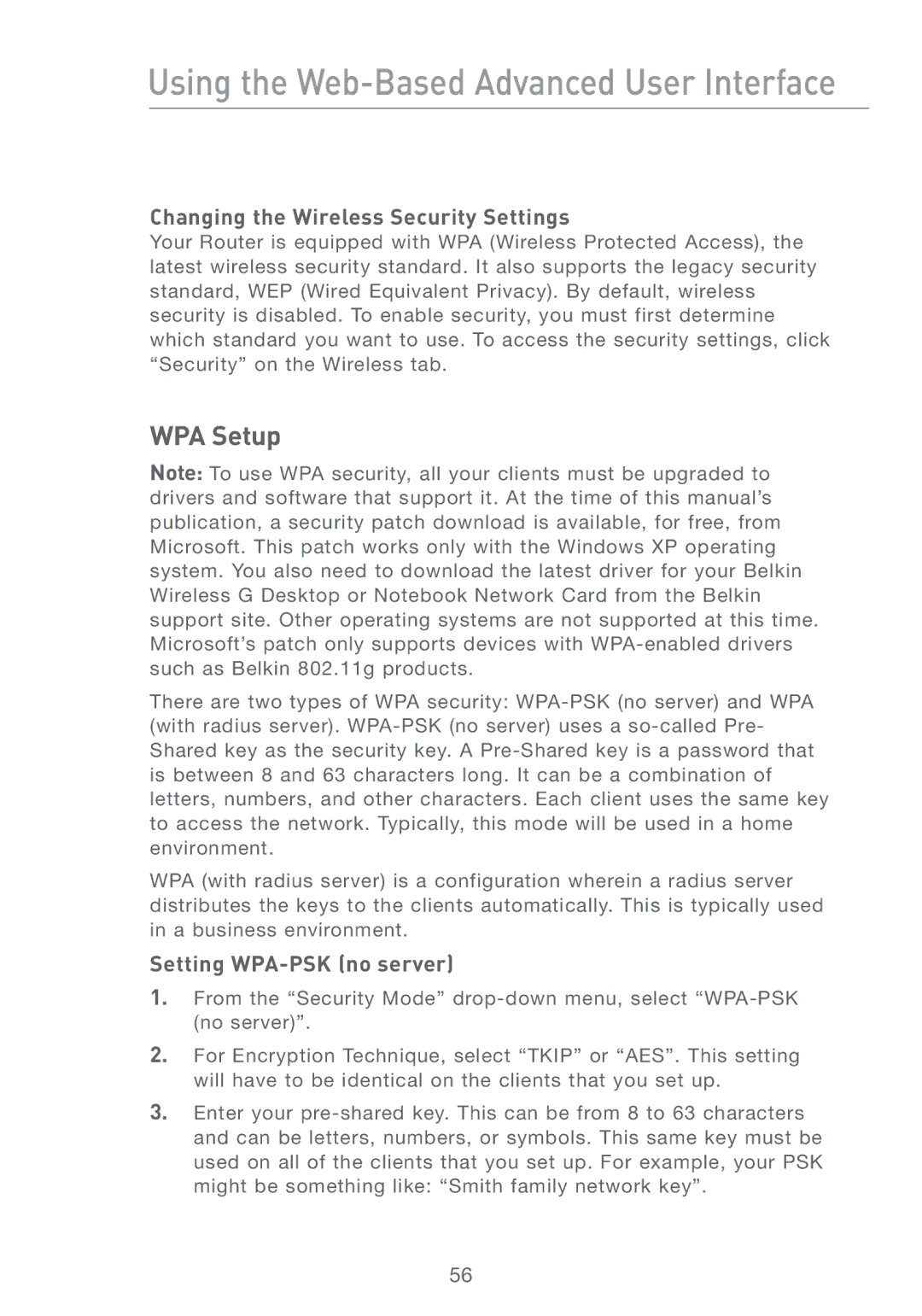 Belkin F5D7231-4 user manual Changing the Wireless Security Settings, Setting WPA-PSK no server 