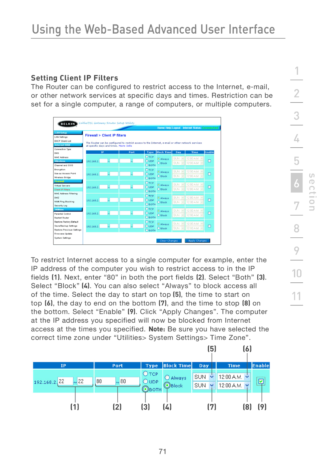 Belkin F5D7231-4 user manual Setting Client IP Filters 