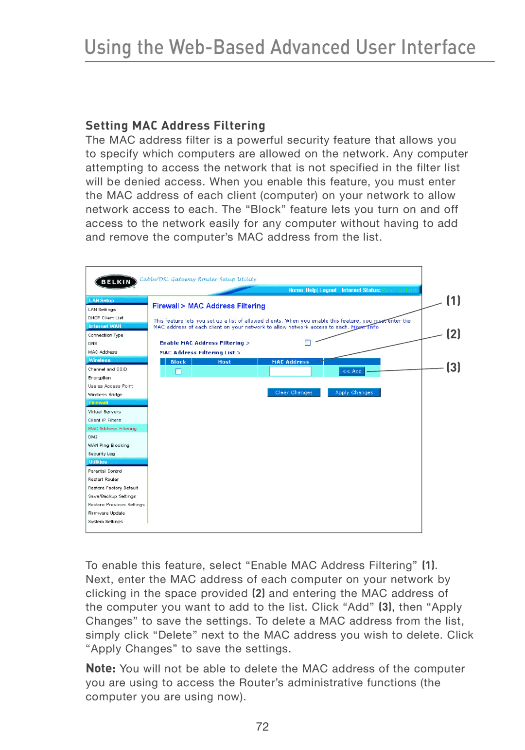 Belkin F5D7231-4 user manual Setting MAC Address Filtering 