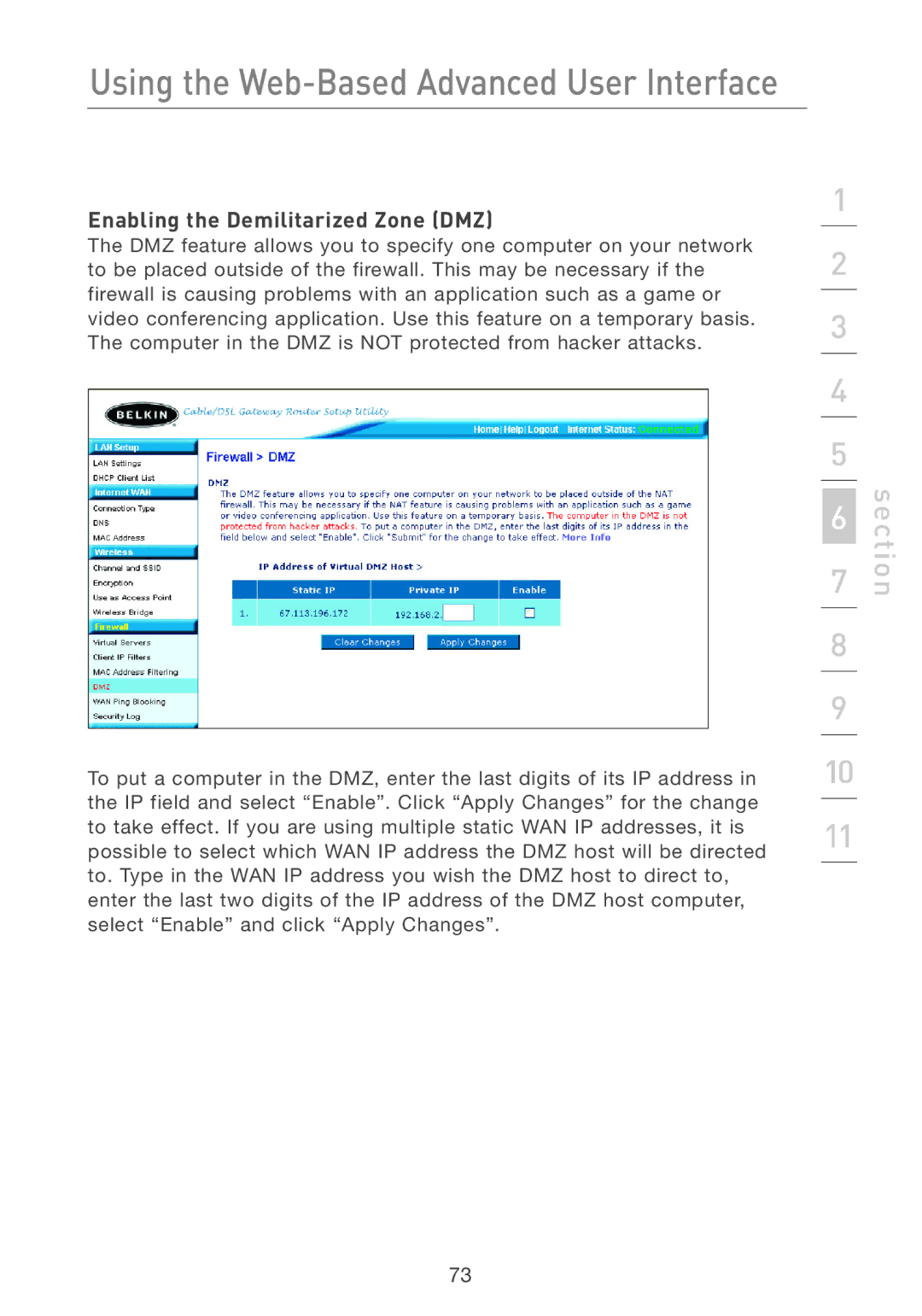 Belkin F5D7231-4 user manual Enabling the Demilitarized Zone DMZ 