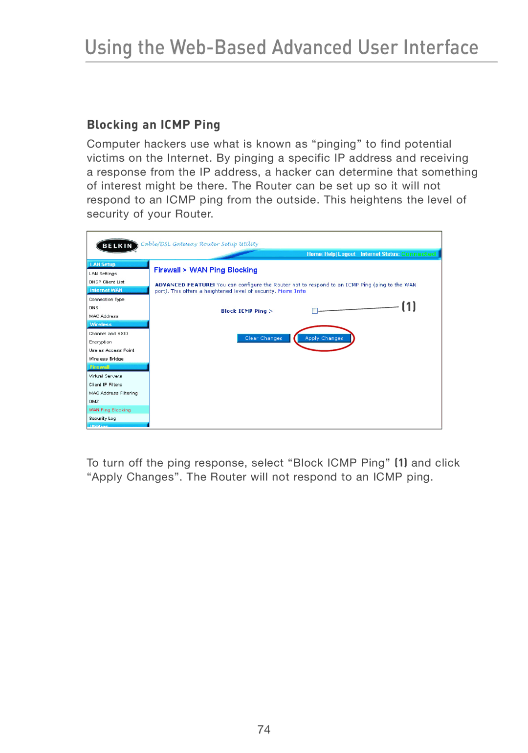 Belkin F5D7231-4 user manual Blocking an Icmp Ping 