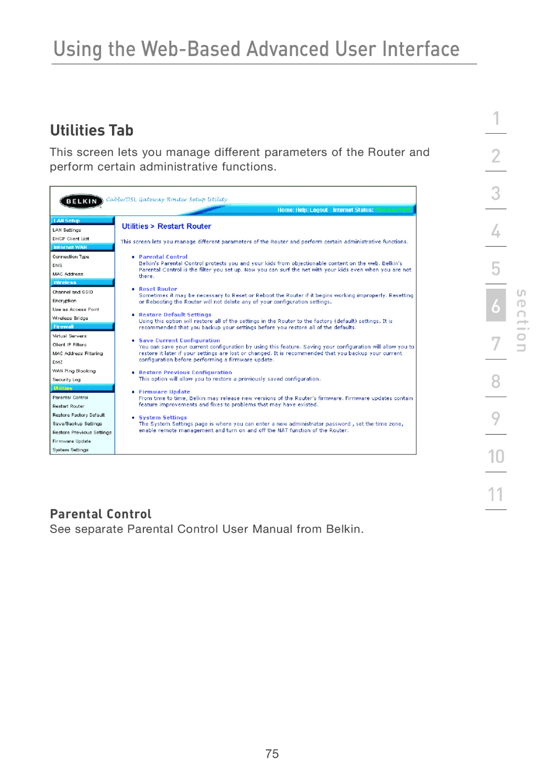 Belkin F5D7231-4 user manual Utilities Tab, Parental Control 