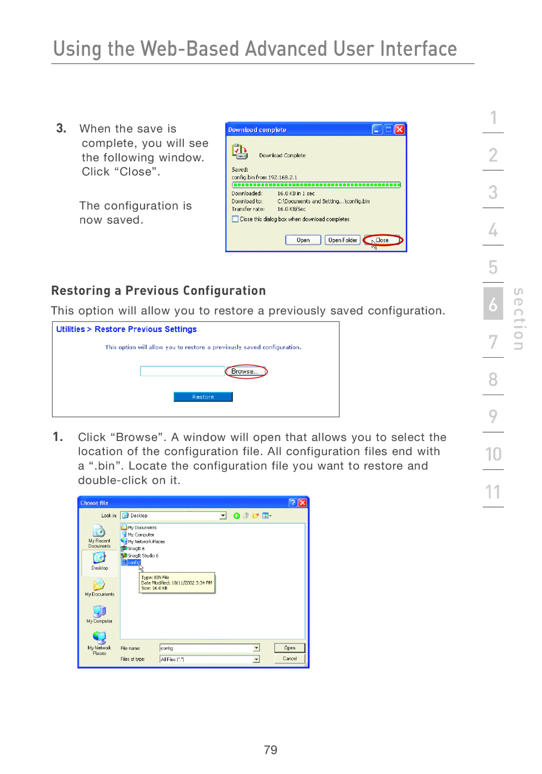 Belkin F5D7231-4 user manual Restoring a Previous Configuration 