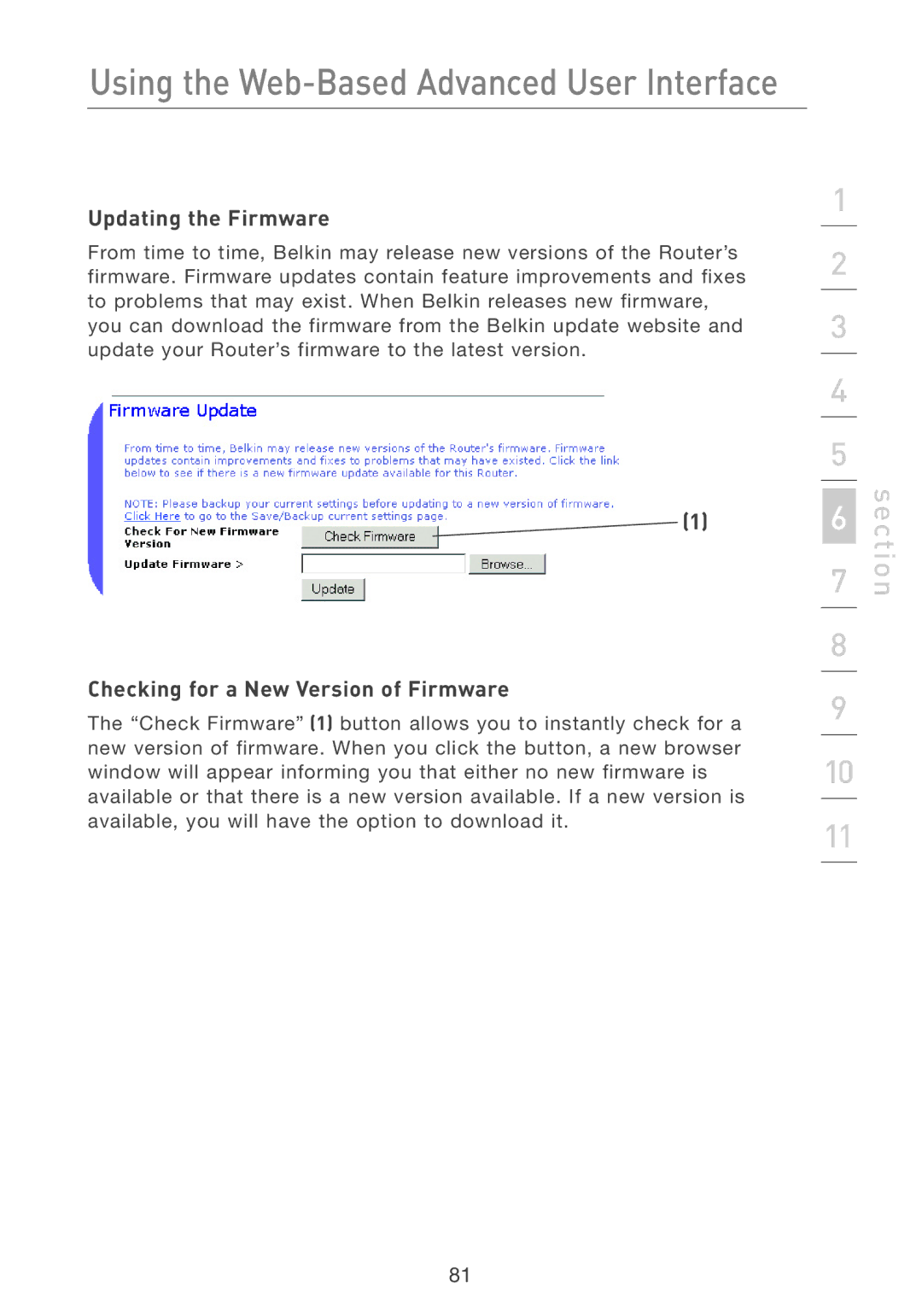 Belkin F5D7231-4 user manual Updating the Firmware, Checking for a New Version of Firmware 