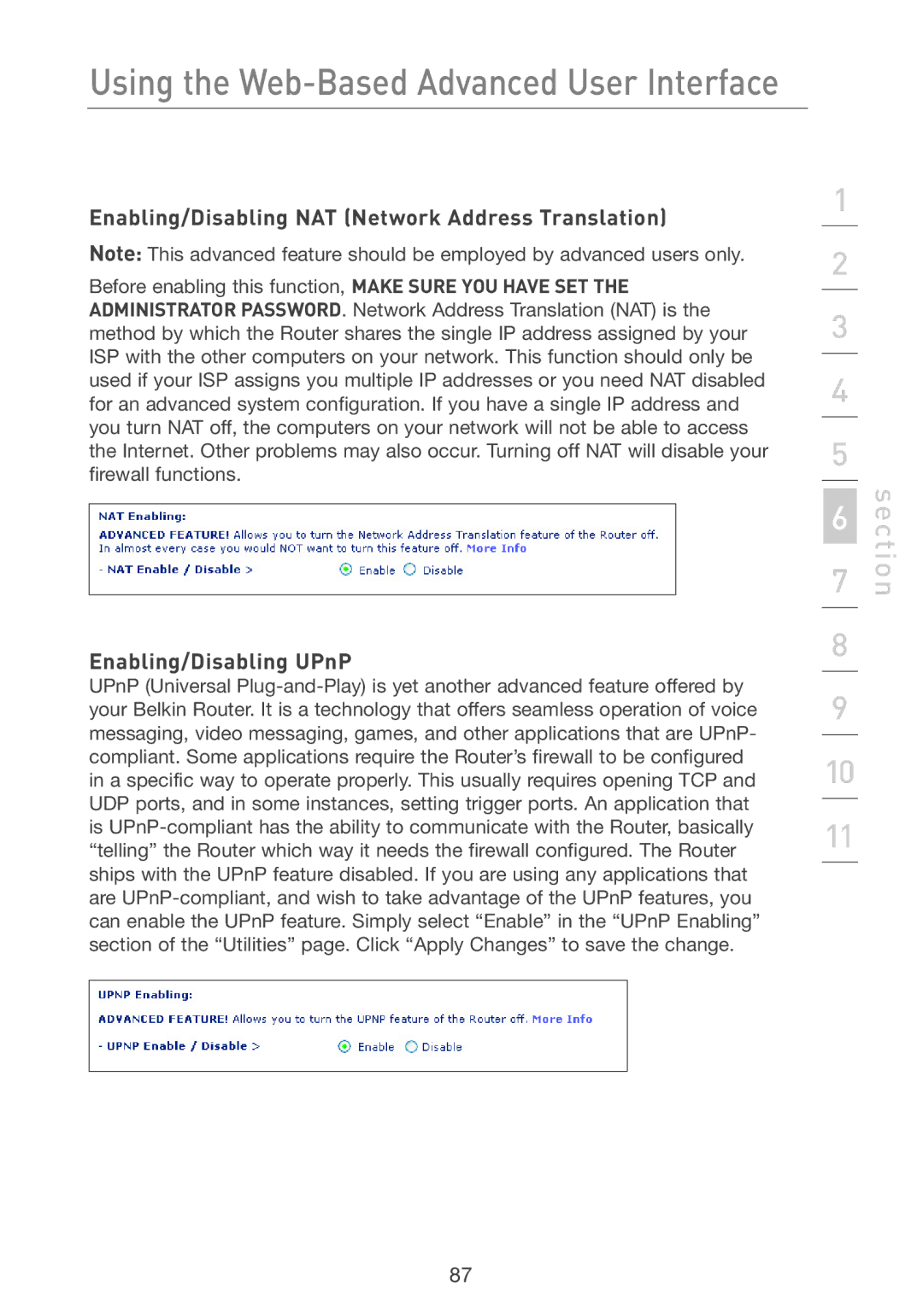 Belkin F5D7231-4 user manual Enabling/Disabling NAT Network Address Translation, Enabling/Disabling UPnP 
