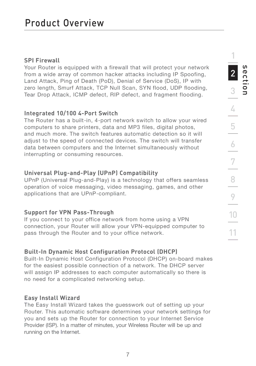 Belkin F5D7231-4 user manual SPI Firewall, Integrated 10/100 4-Port Switch, Universal Plug-and-Play UPnP Compatibility 