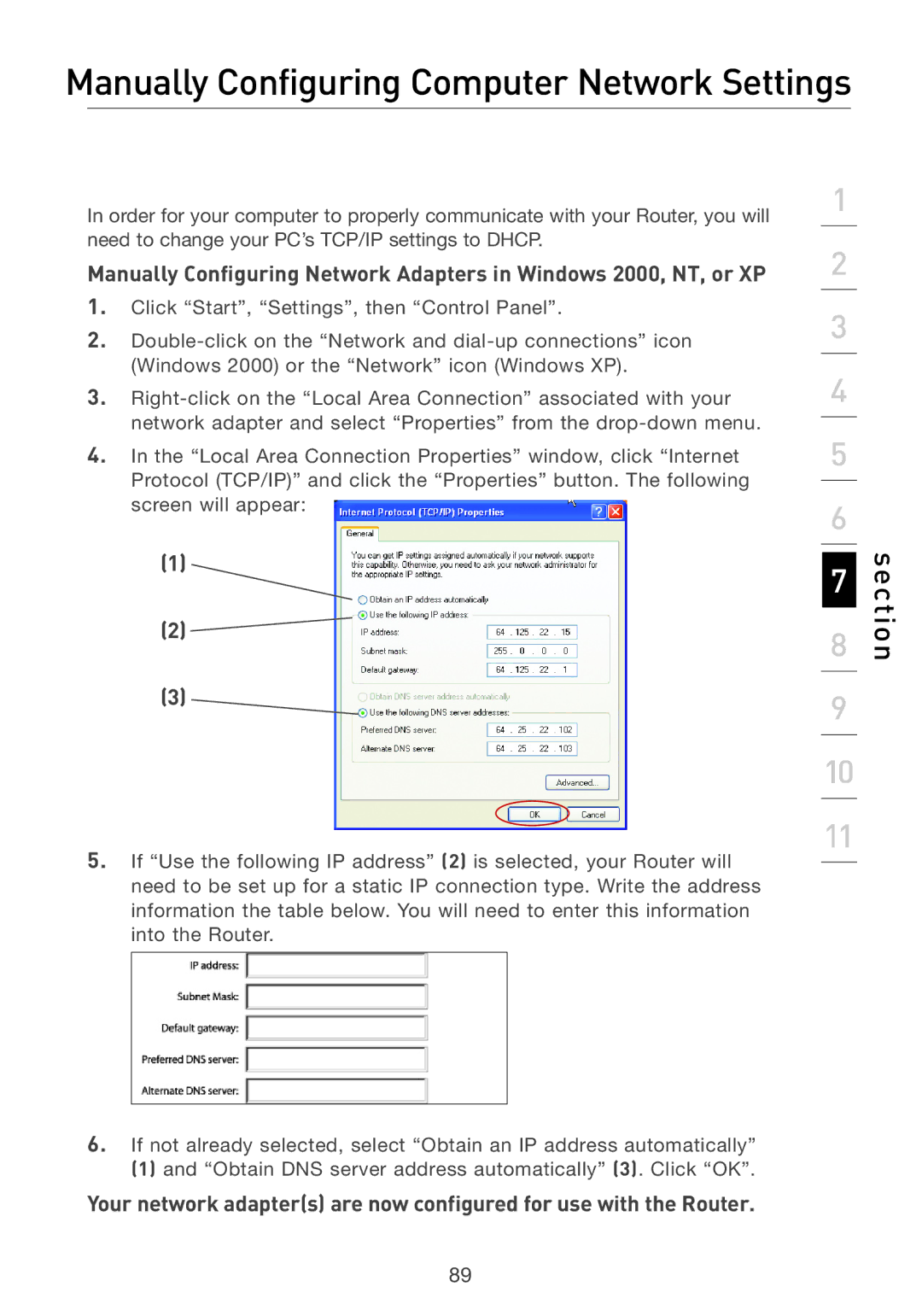 Belkin F5D7231-4 user manual Manually Configuring Computer Network Settings 