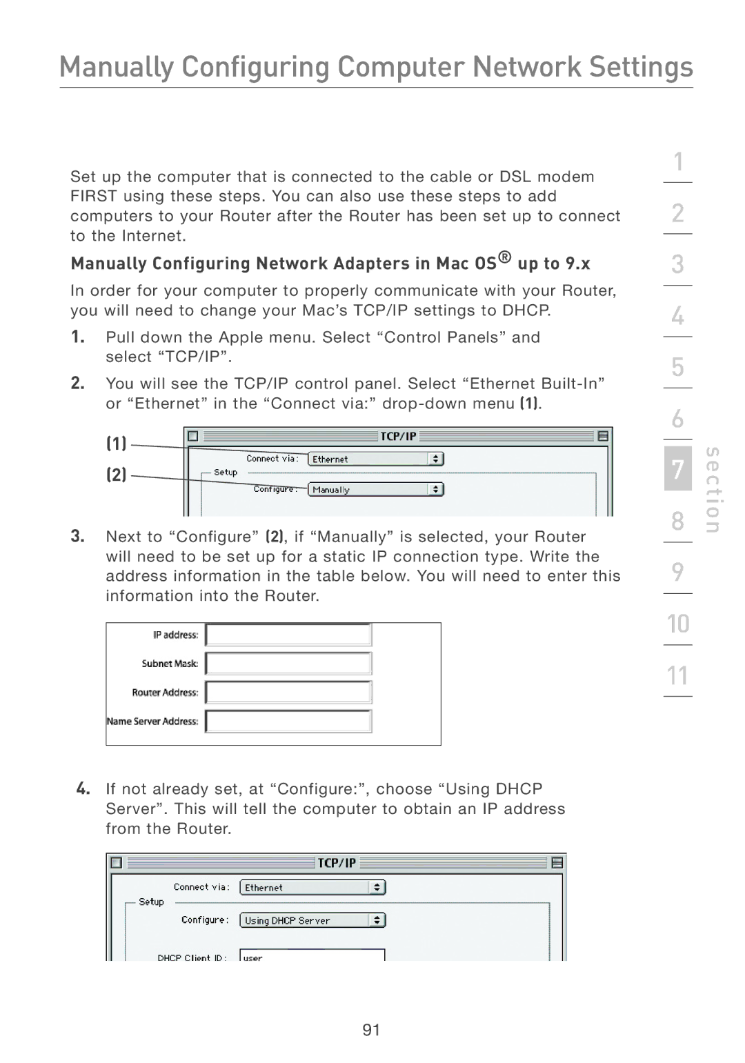 Belkin F5D7231-4 user manual Manually Configuring Network Adapters in Mac OS up to 