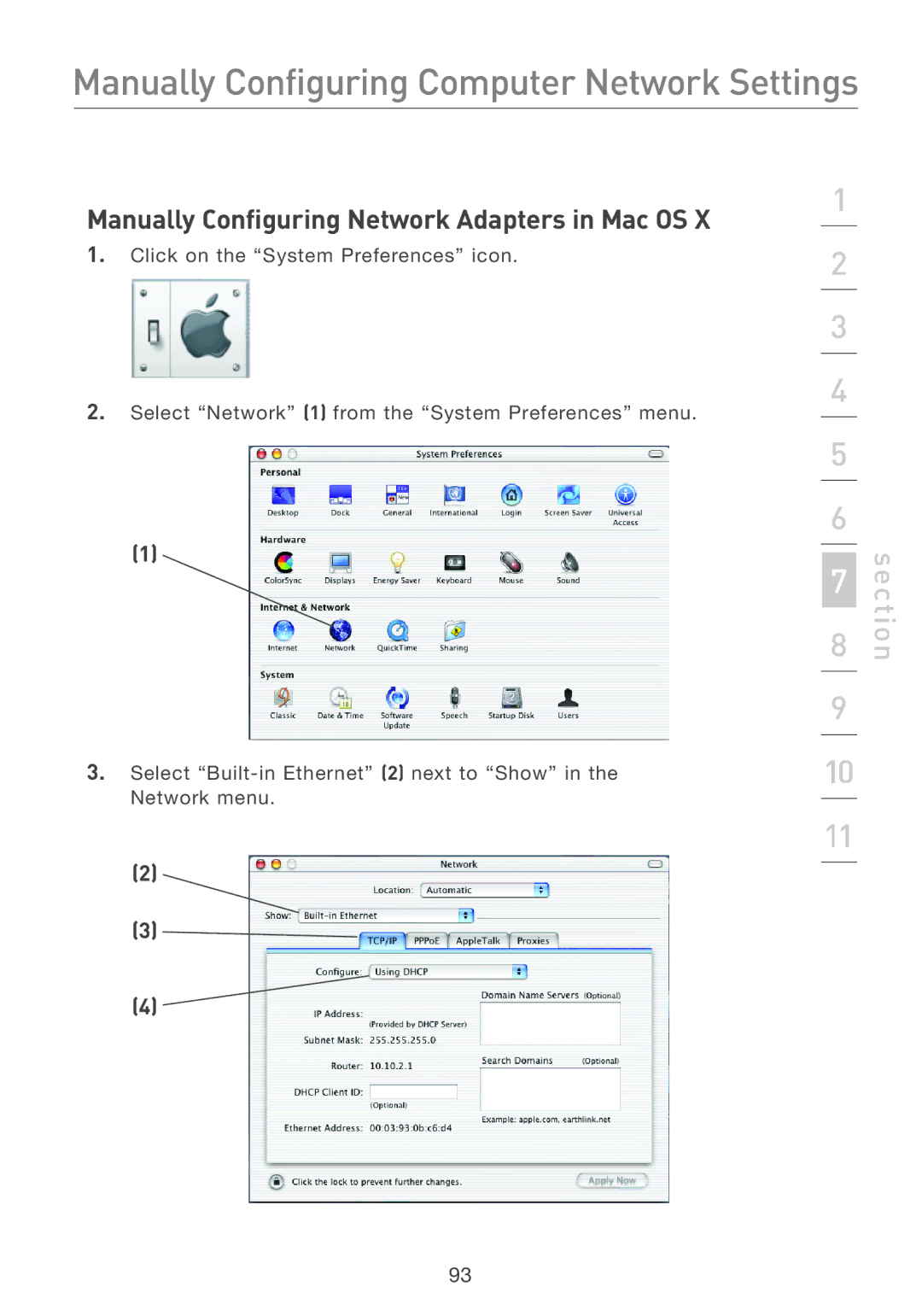 Belkin F5D7231-4 user manual Manually Configuring Network Adapters in Mac OS 