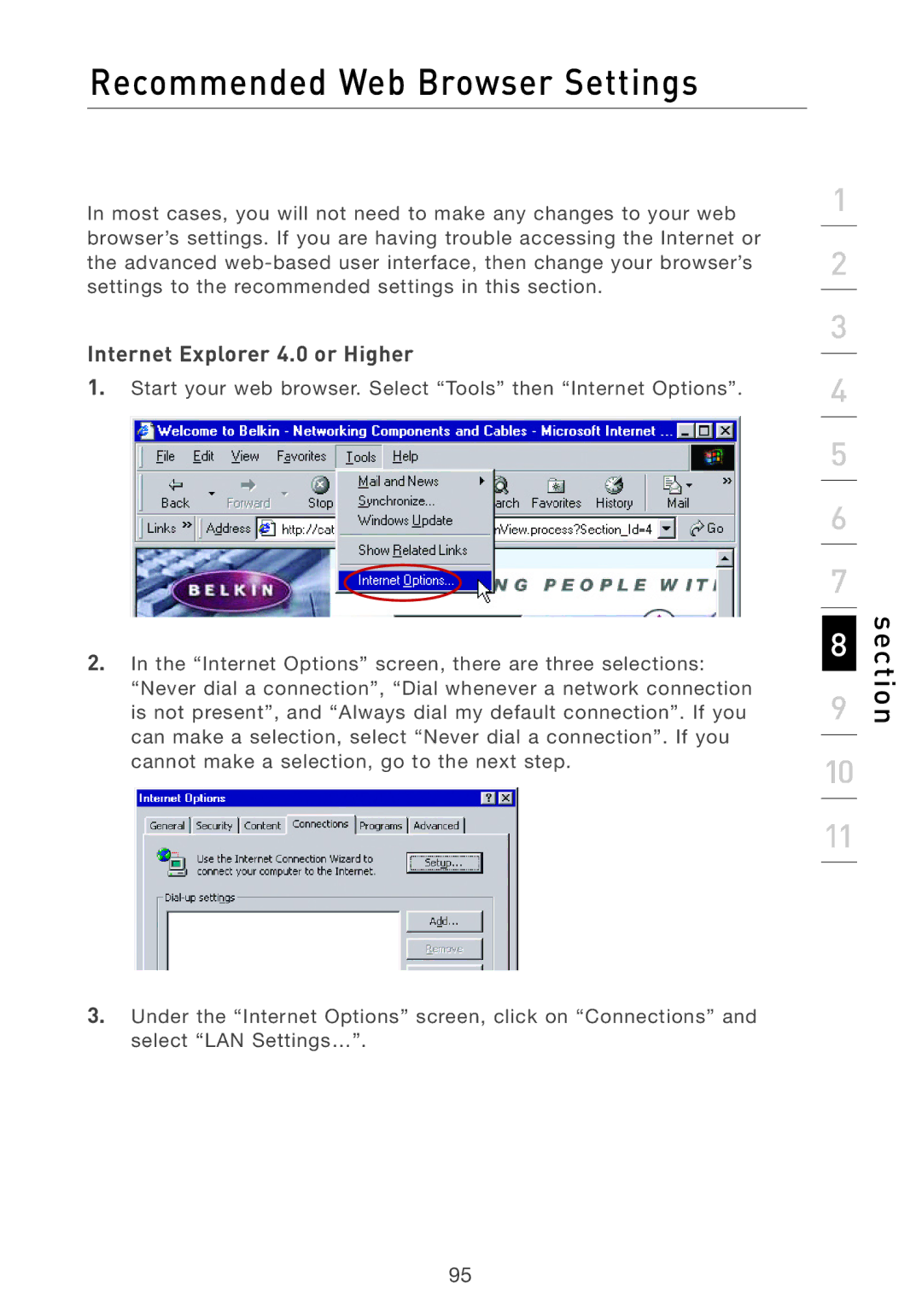 Belkin F5D7231-4 user manual Recommended Web Browser Settings, Internet Explorer 4.0 or Higher 