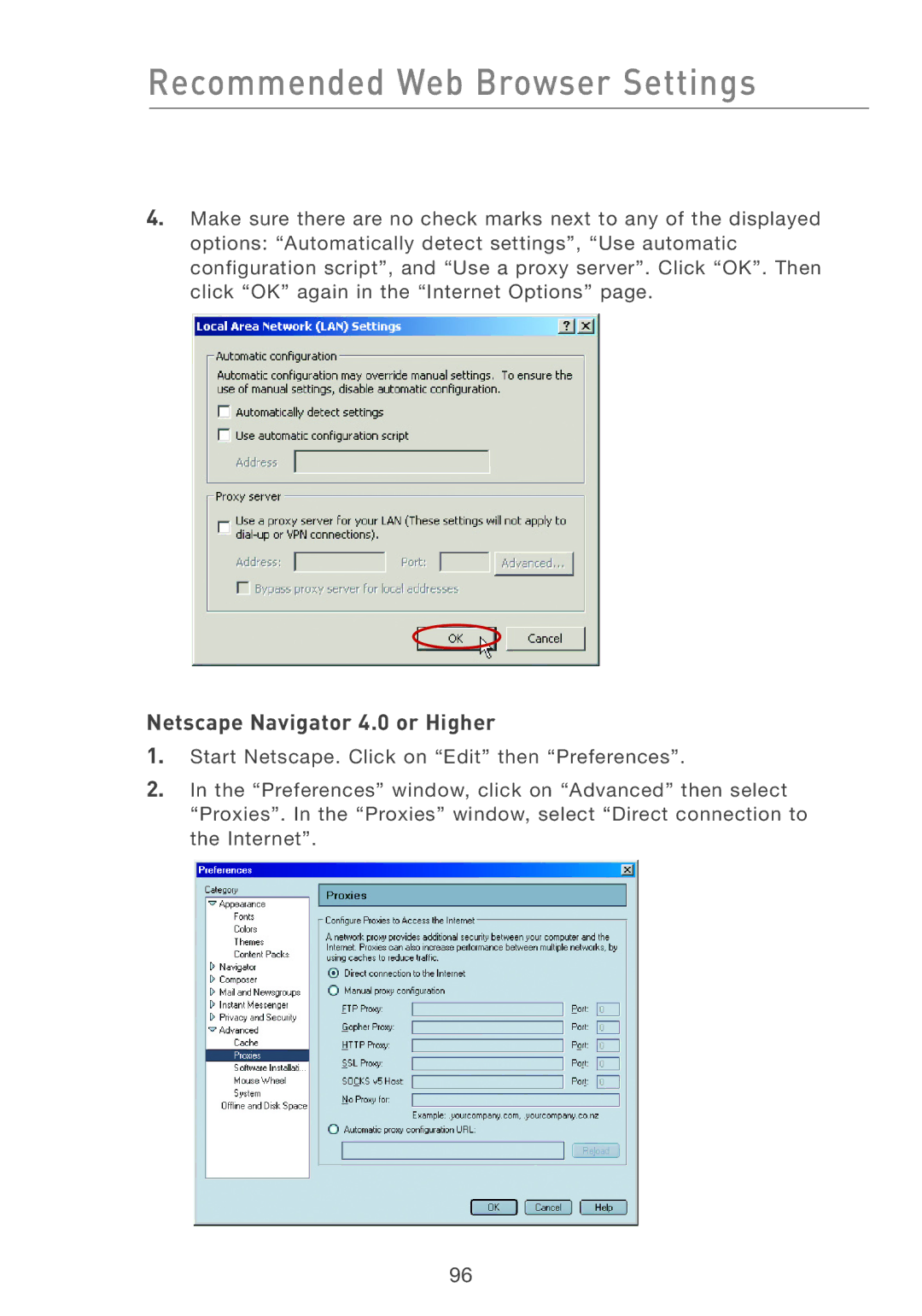 Belkin F5D7231-4 user manual Recommended Web Browser Settings, Netscape Navigator 4.0 or Higher 