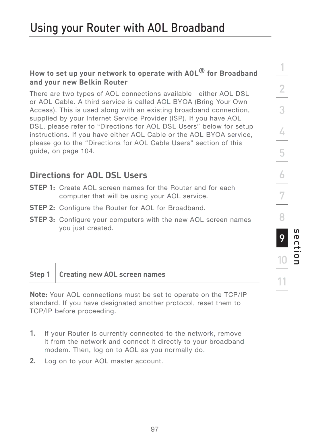 Belkin F5D7231-4 user manual Using your Router with AOL Broadband, Creating new AOL screen names 