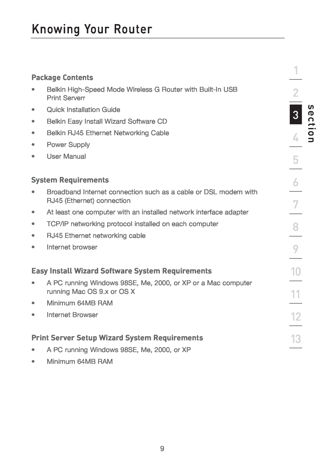 Belkin F5D7231-4P user manual Knowing Your Router, Package Contents, System Requirements, section 