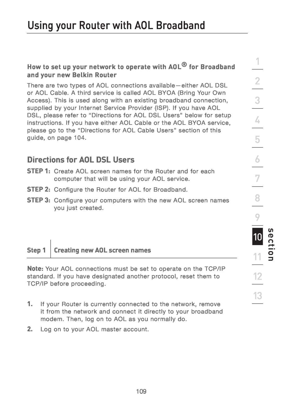 Belkin F5D7231-4P Using your Router with AOL Broadband, Directions for AOL DSL Users, Creating new AOL screen names 