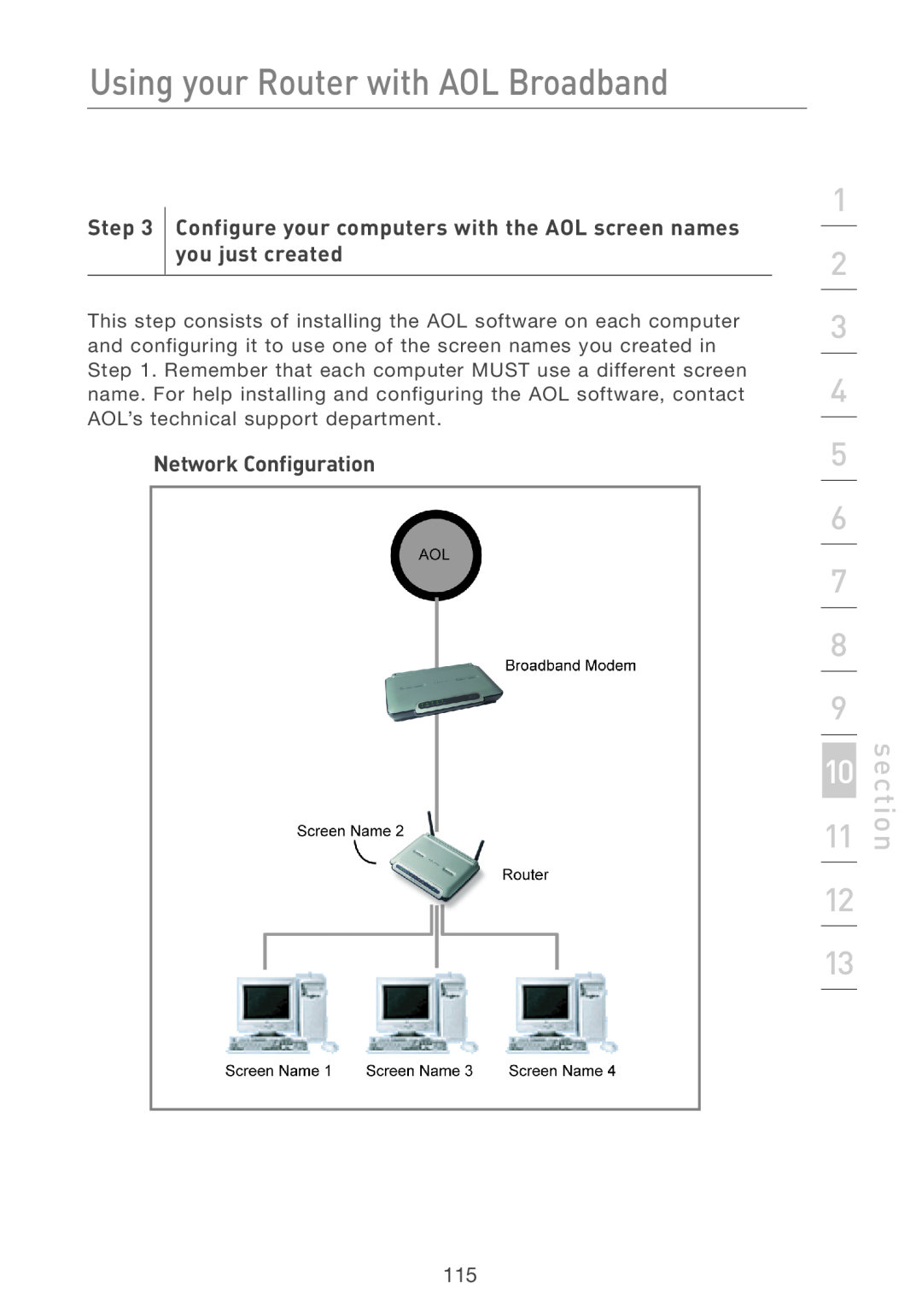 Belkin F5D7231-4P user manual Network Configuration, Using your Router with AOL Broadband, section 