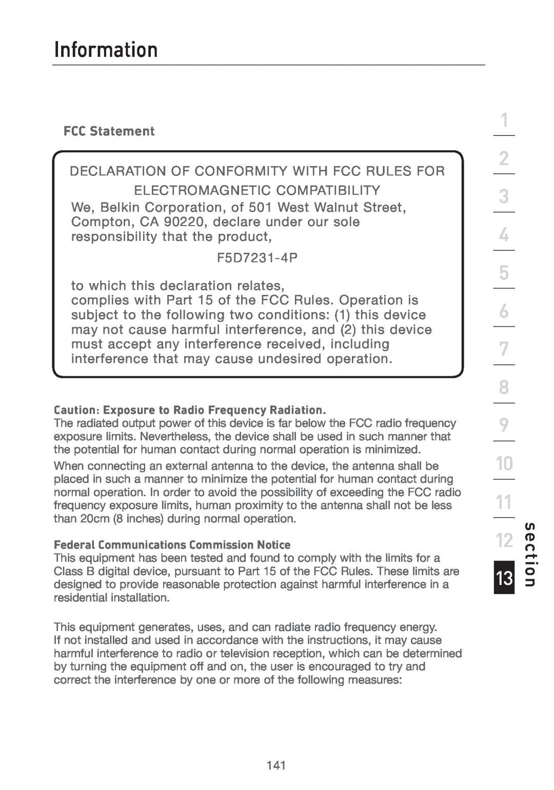 Belkin F5D7231-4P user manual Information, FCC Statement, section, Declaration Of Conformity With Fcc Rules For 