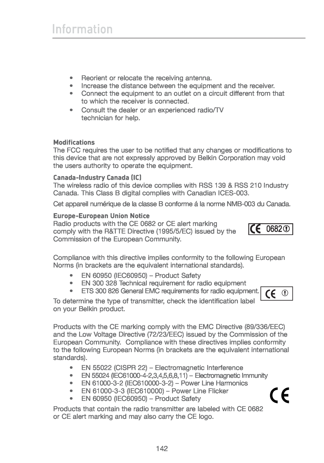 Belkin F5D7231-4P user manual Information, Modifications, Canada-Industry Canada IC, Europe-European Union Notice 