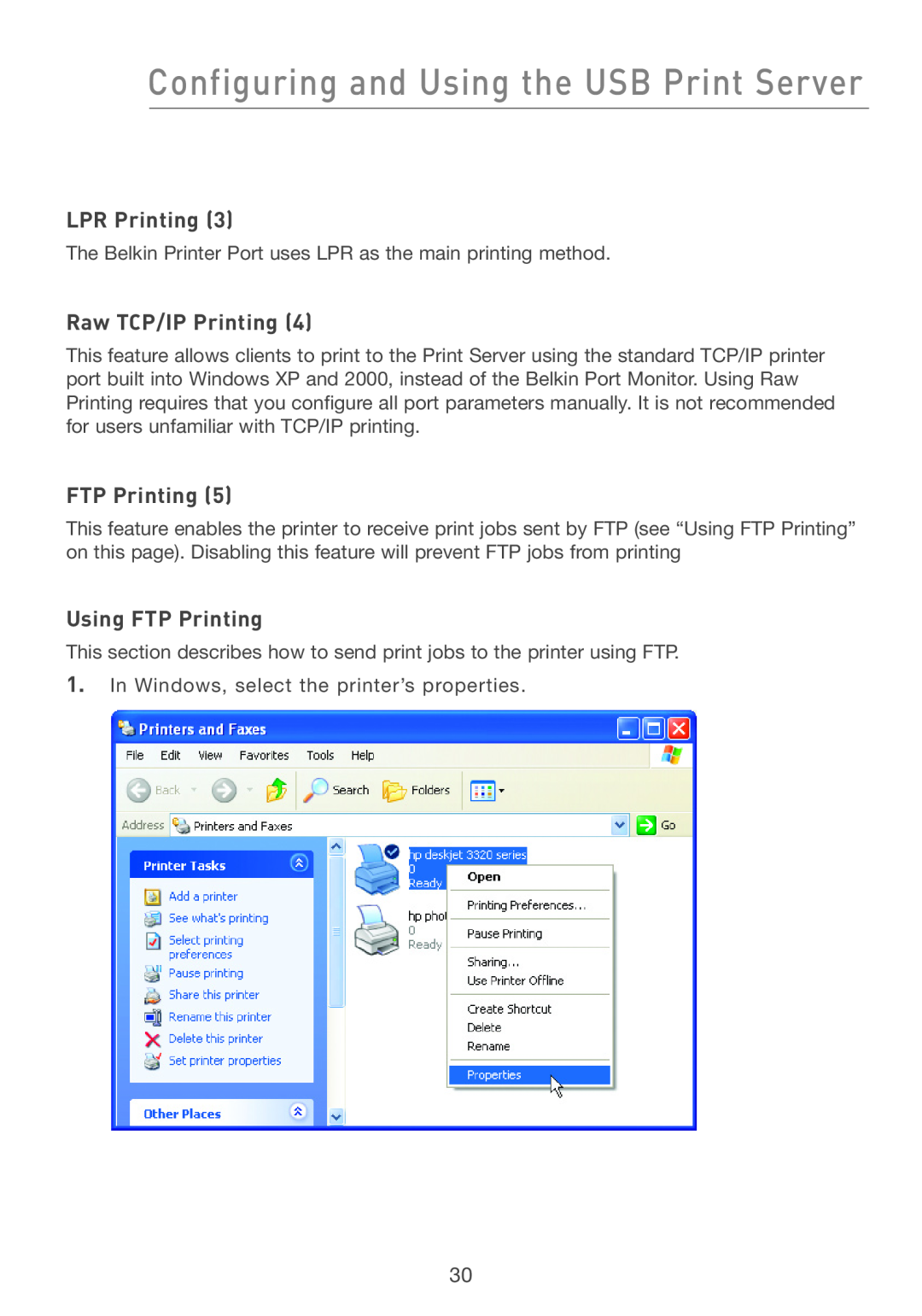 Belkin F5D7231-4P LPR Printing, Raw TCP/IP Printing, Using FTP Printing, Configuring and Using the USB Print Server 