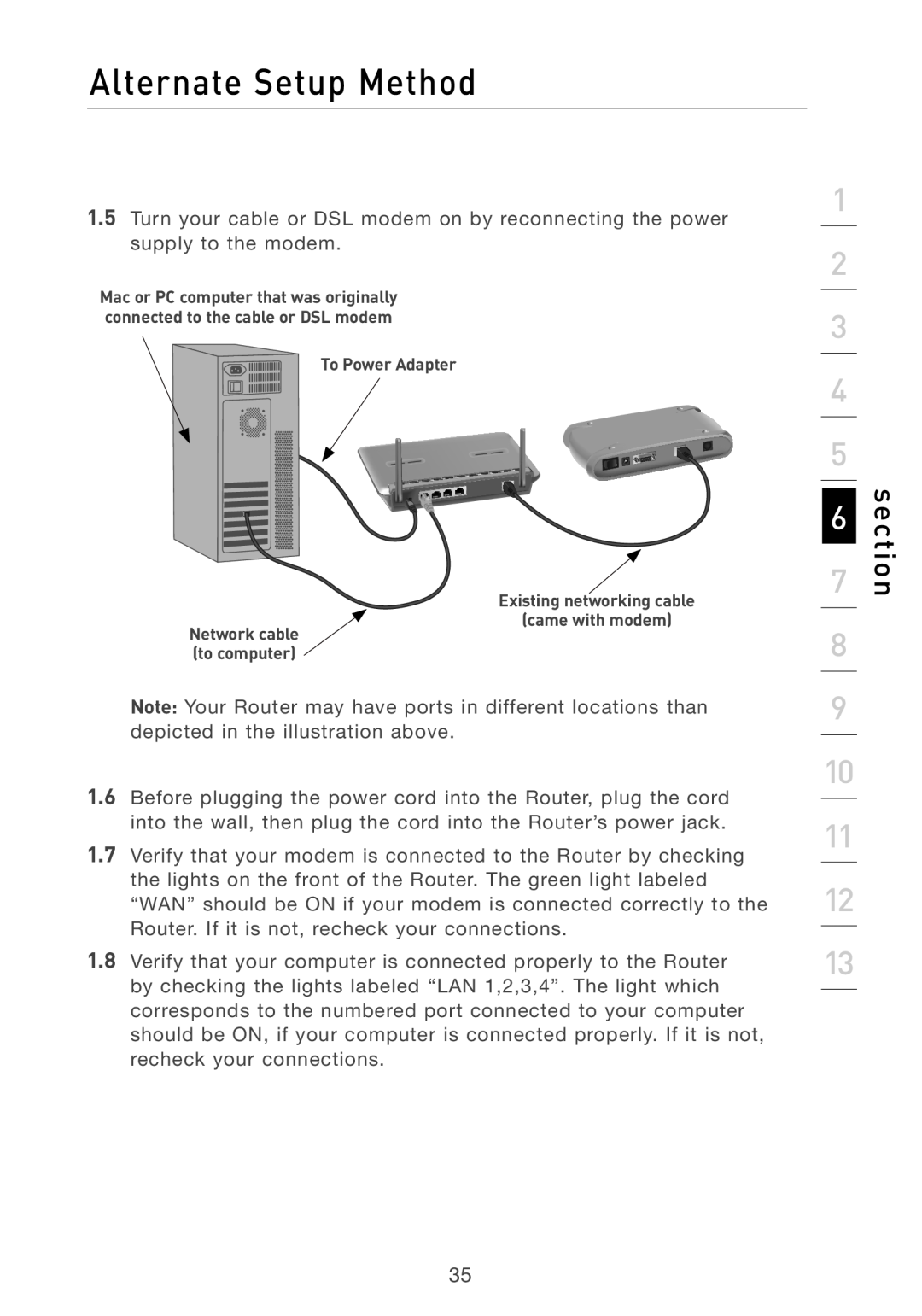 Belkin F5D7231-4P Alternate Setup Method, section, To Power Adapter Existing networking cable, Network cable to computer 