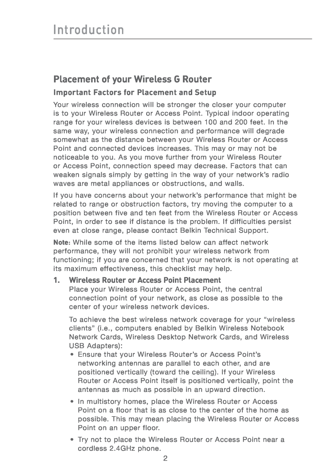 Belkin F5D7231-4P user manual Introduction, Placement of your Wireless G Router, Important Factors for Placement and Setup 