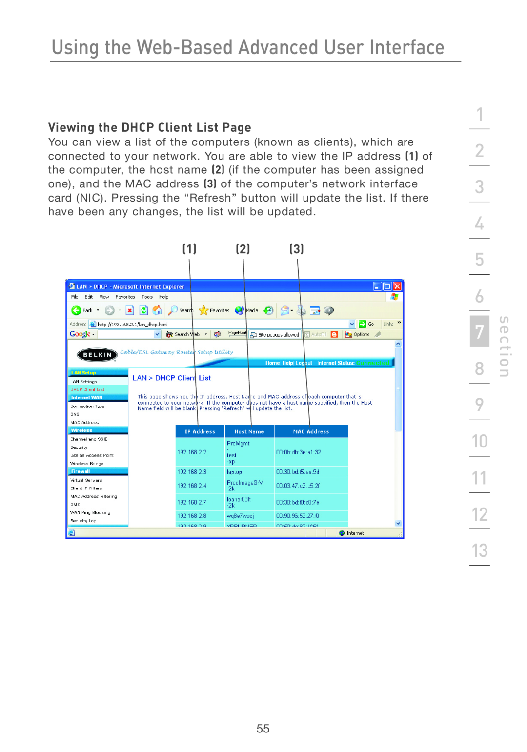 Belkin F5D7231-4P user manual Using the Web-Based Advanced User Interface, Viewing the DHCP Client List Page, section 