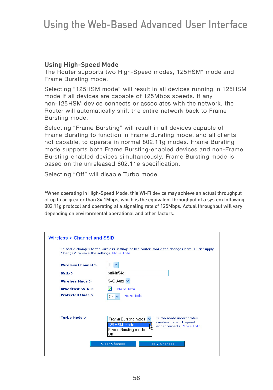 Belkin F5D7231-4P user manual Using High-Speed Mode, Using the Web-Based Advanced User Interface 