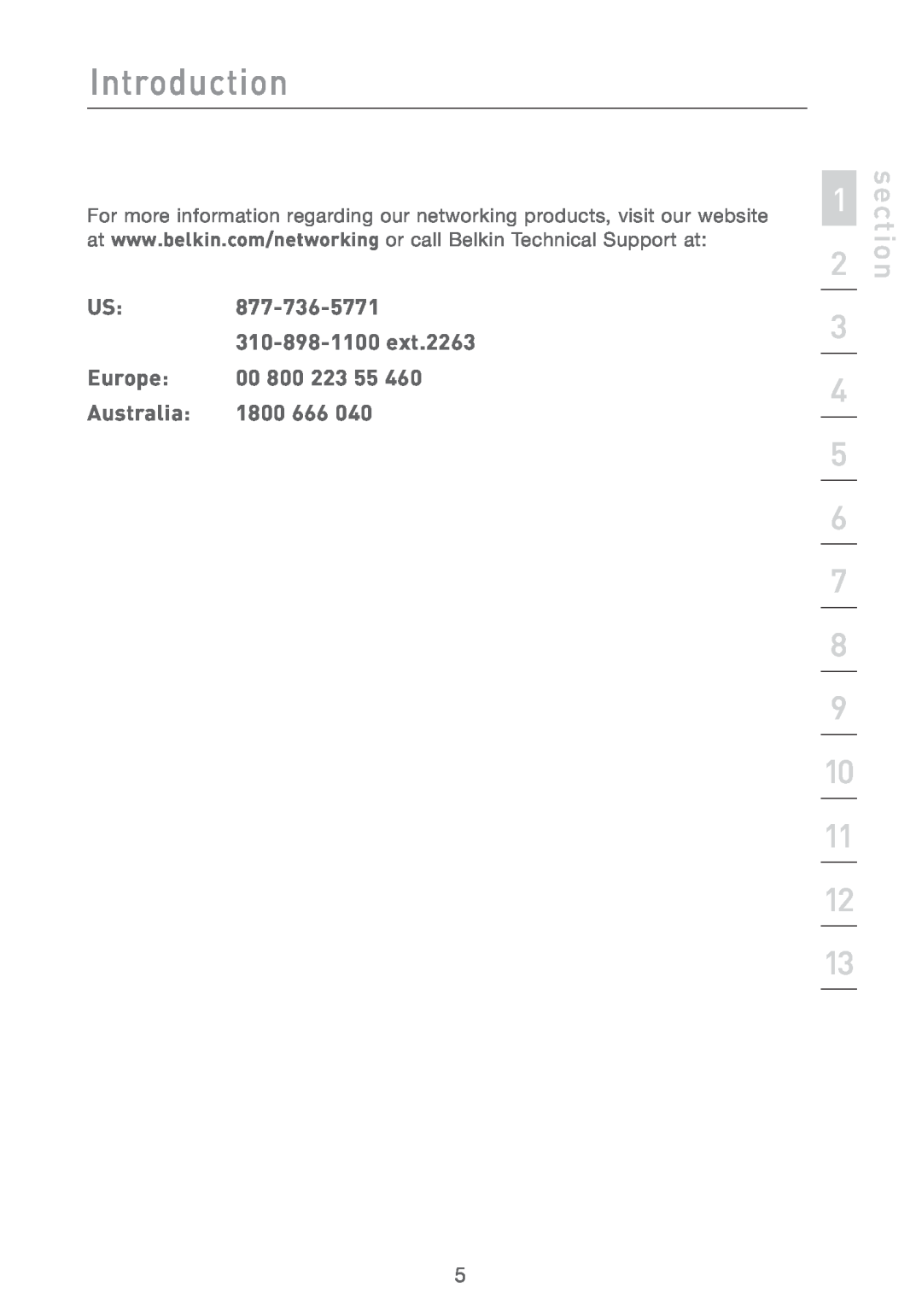 Belkin F5D7231-4P user manual Europe, 00 800 223 55, Australia, 1800 666, Introduction, section 
