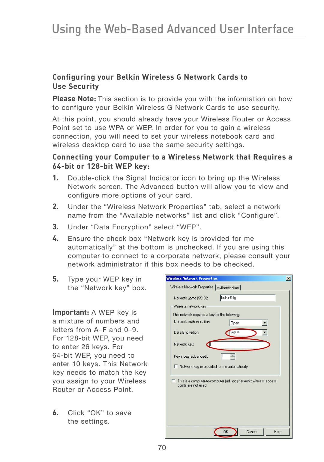 Belkin F5D7231-4P user manual Configuring your Belkin Wireless G Network Cards to Use Security, bit or 128-bit WEP key 
