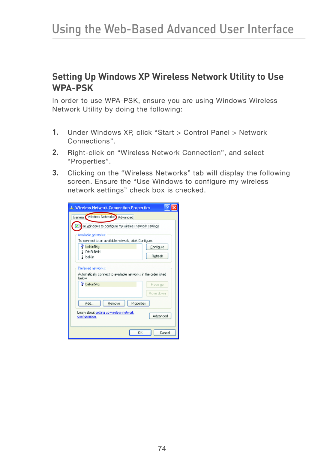 Belkin F5D7231-4P user manual Setting Up Windows XP Wireless Network Utility to Use WPA-PSK 