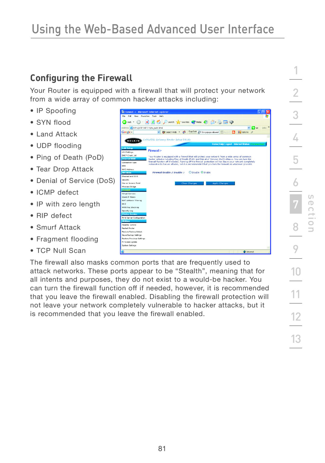 Belkin F5D7231-4P user manual Configuring the Firewall, Using the Web-Based Advanced User Interface, section 