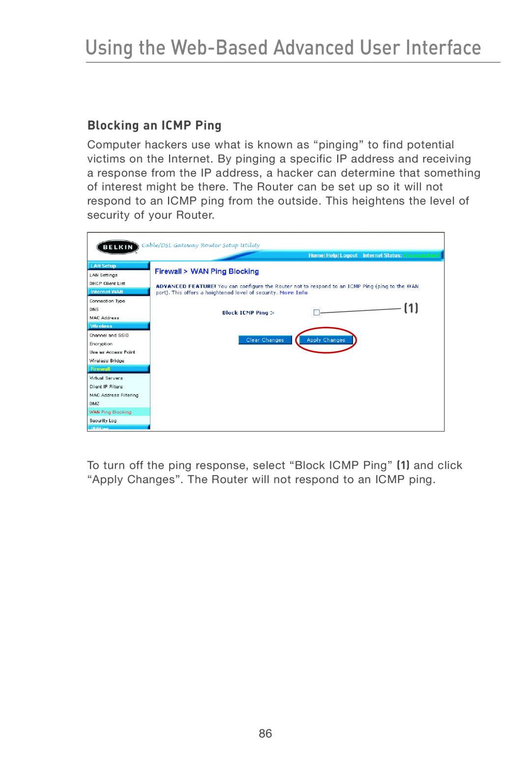 Belkin F5D7231-4P user manual Blocking an ICMP Ping, Using the Web-Based Advanced User Interface 