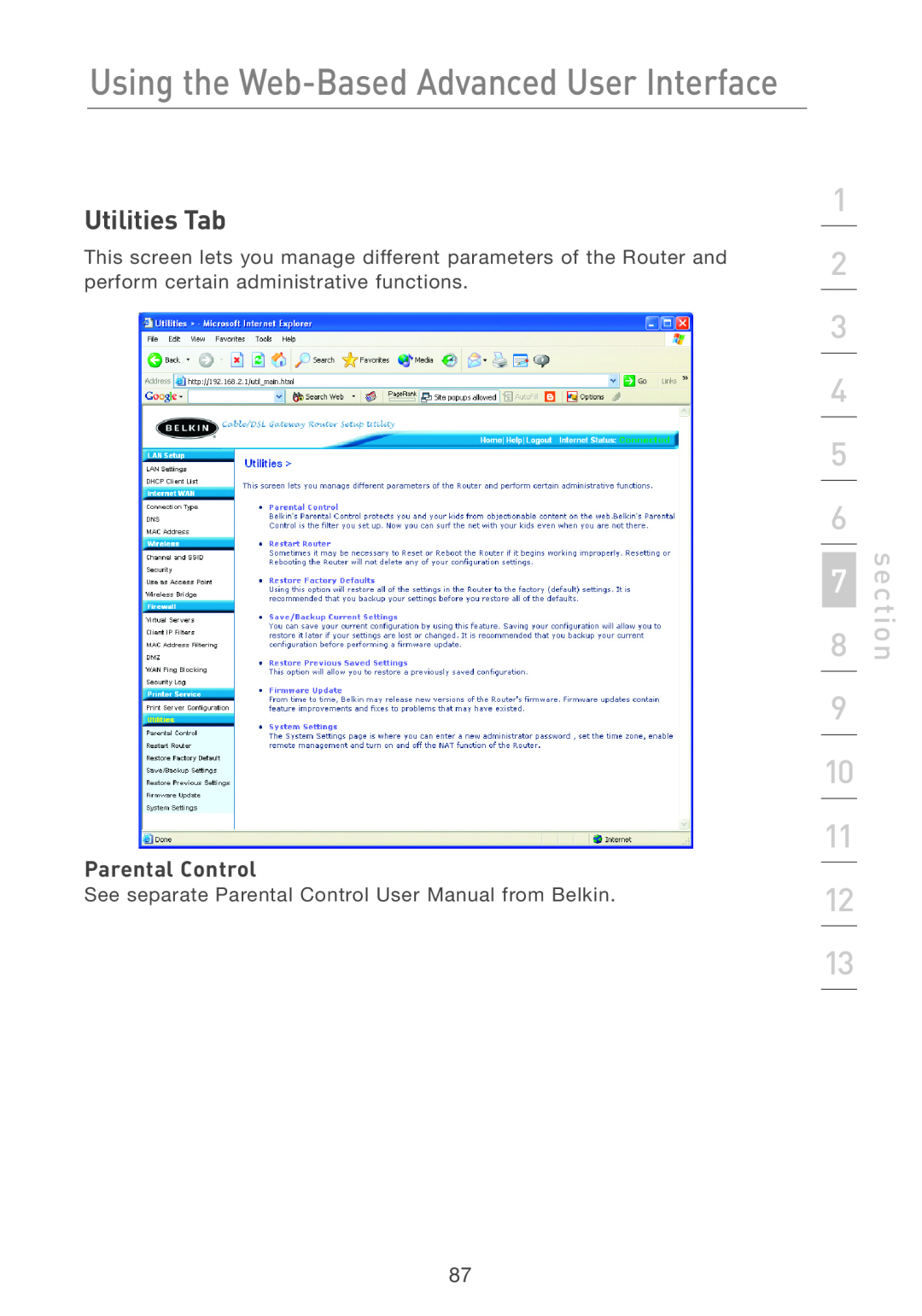 Belkin F5D7231-4P user manual Utilities Tab, Parental Control, Using the Web-Based Advanced User Interface, section 