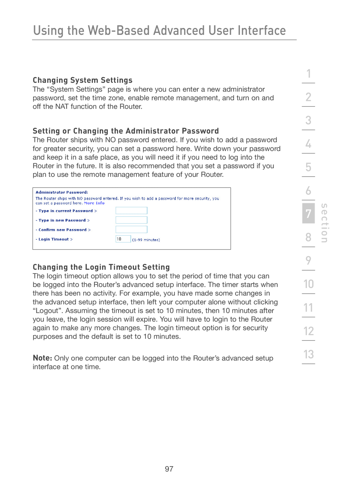Belkin F5D7231-4P user manual Changing System Settings, Setting or Changing the Administrator Password, section 