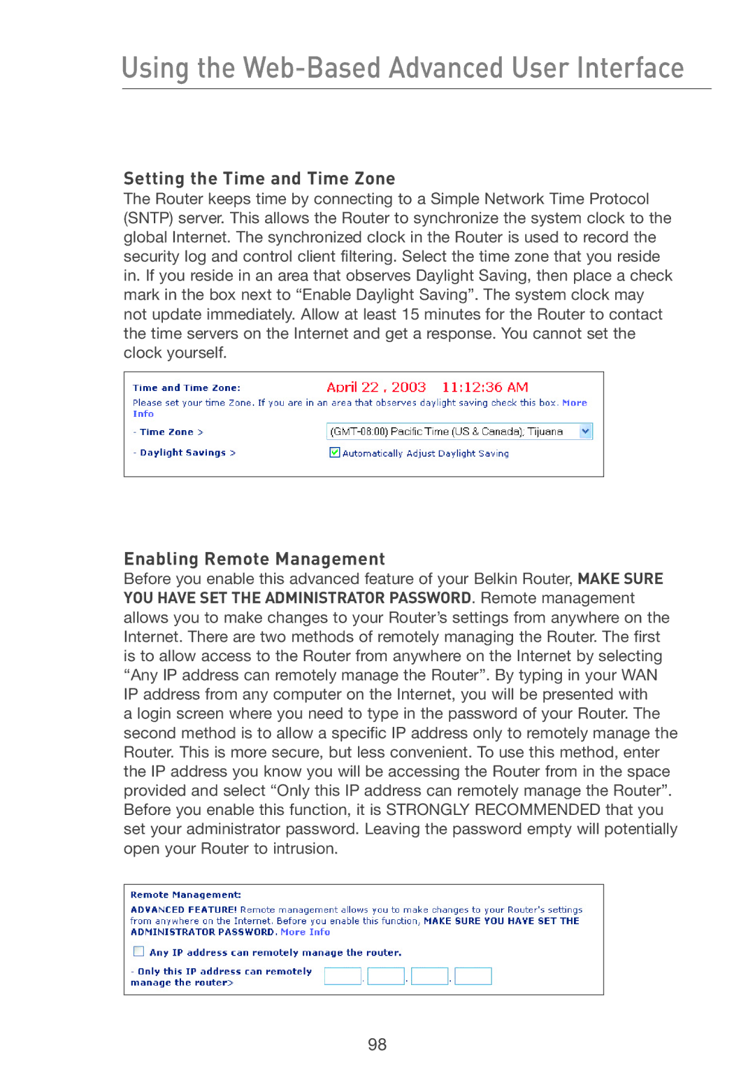 Belkin F5D7231-4P user manual Setting the Time and Time Zone, Enabling Remote Management 