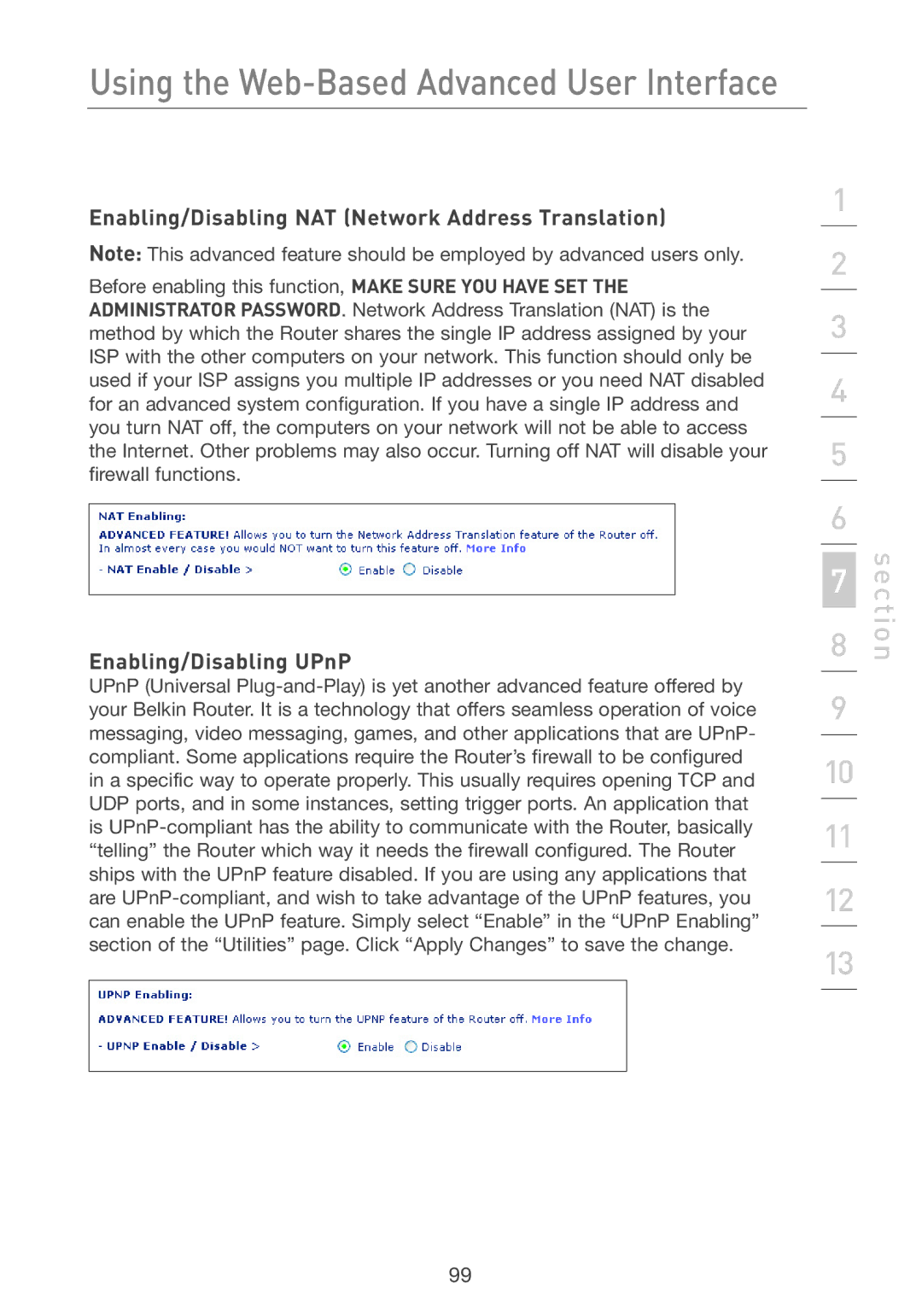 Belkin F5D7231-4P user manual Enabling/Disabling NAT Network Address Translation, Enabling/Disabling UPnP 