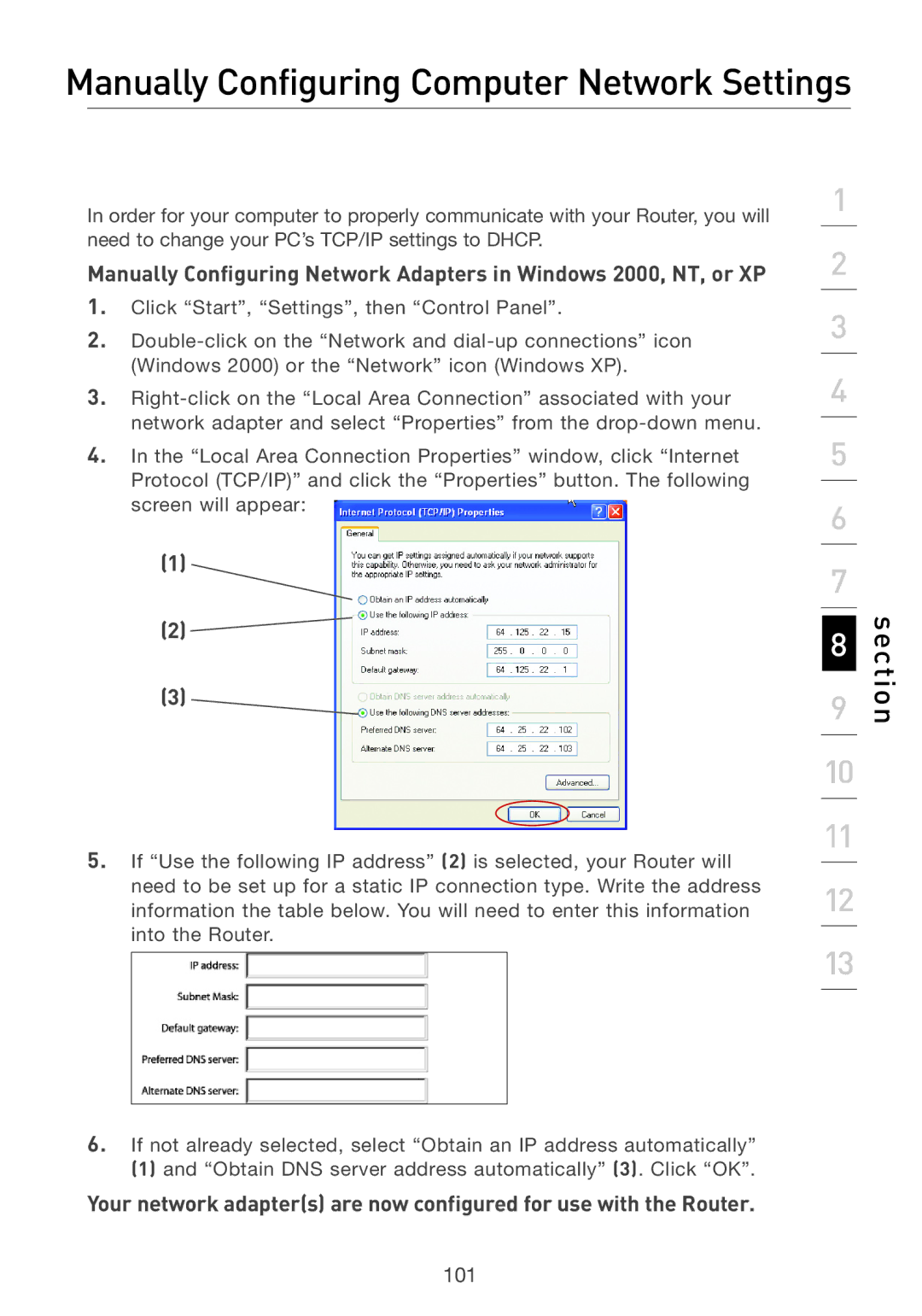 Belkin F5D7231-4P user manual Manually Configuring Computer Network Settings 