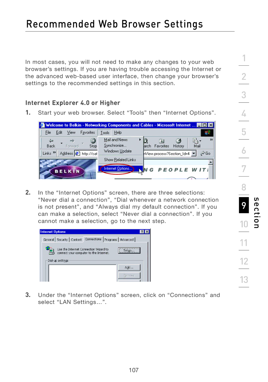 Belkin F5D7231-4P user manual Recommended Web Browser Settings, Internet Explorer 4.0 or Higher 