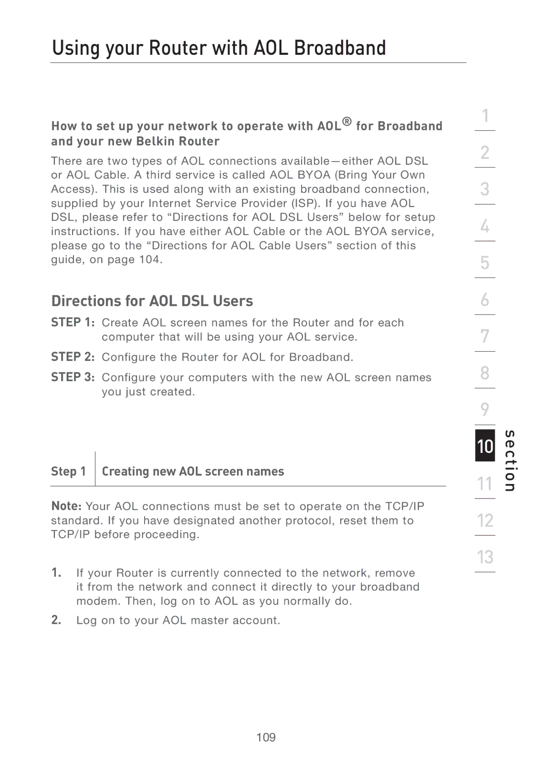 Belkin F5D7231-4P user manual Using your Router with AOL Broadband, Creating new AOL screen names 