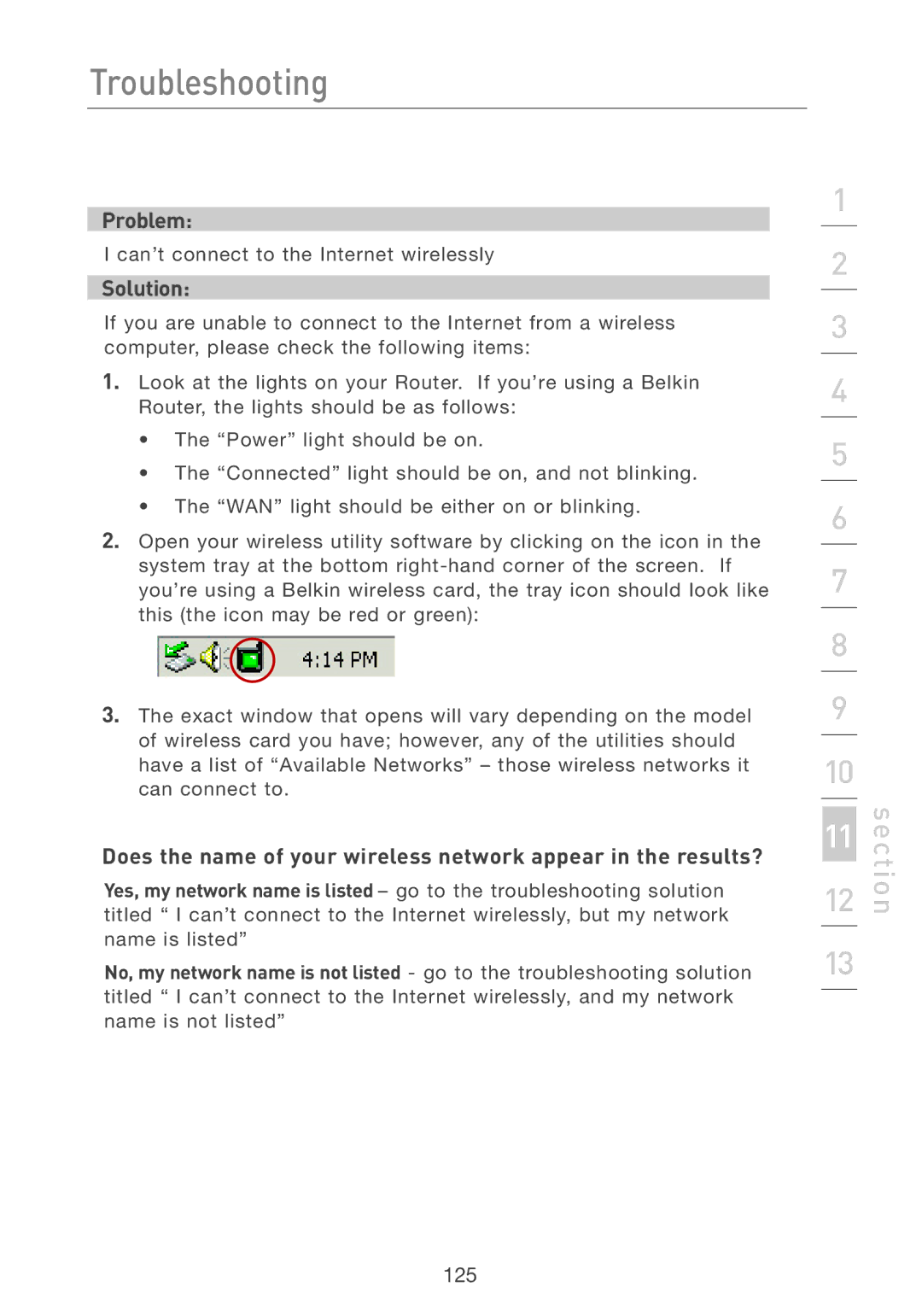 Belkin F5D7231-4P user manual Can’t connect to the Internet wirelessly 