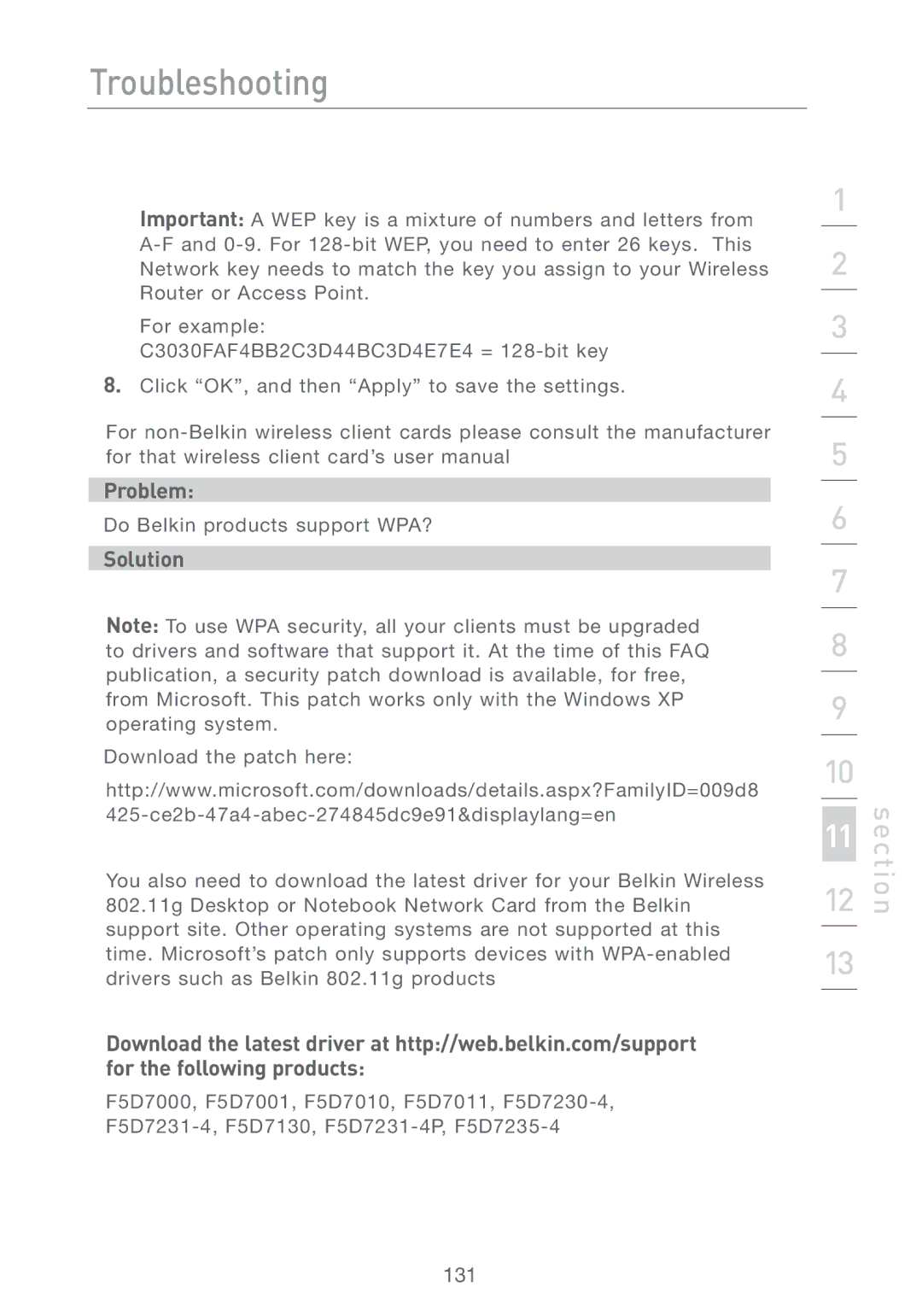 Belkin F5D7231-4P user manual Do Belkin products support WPA? 