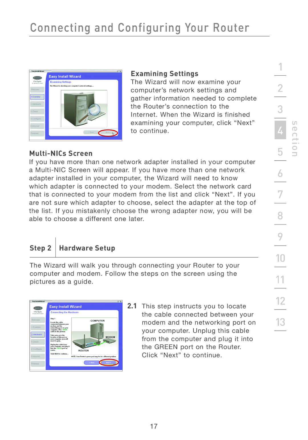 Belkin F5D7231-4P user manual Examining Settings, Multi-NICs Screen, Hardware Setup 