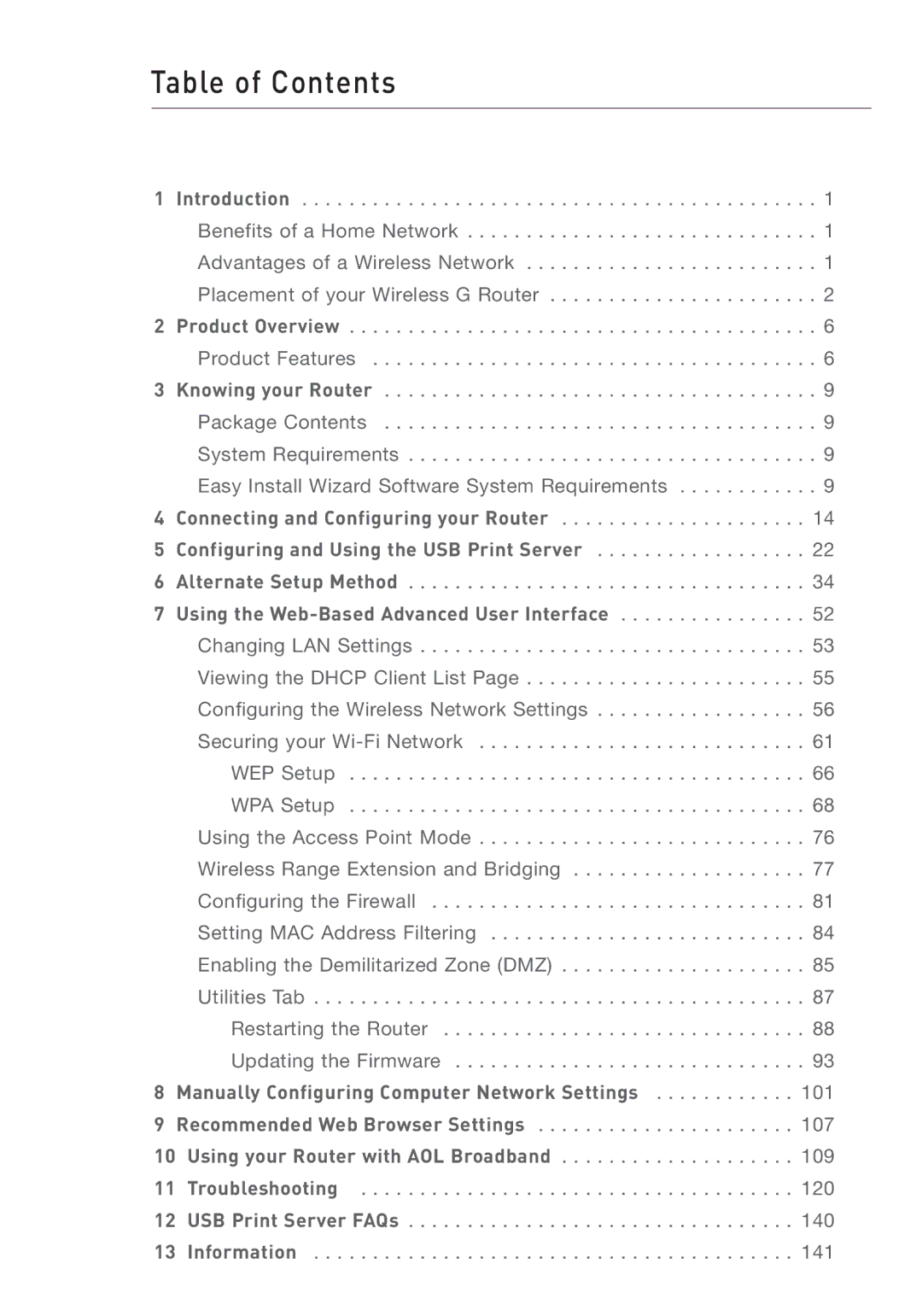 Belkin F5D7231-4P user manual Table of Contents 