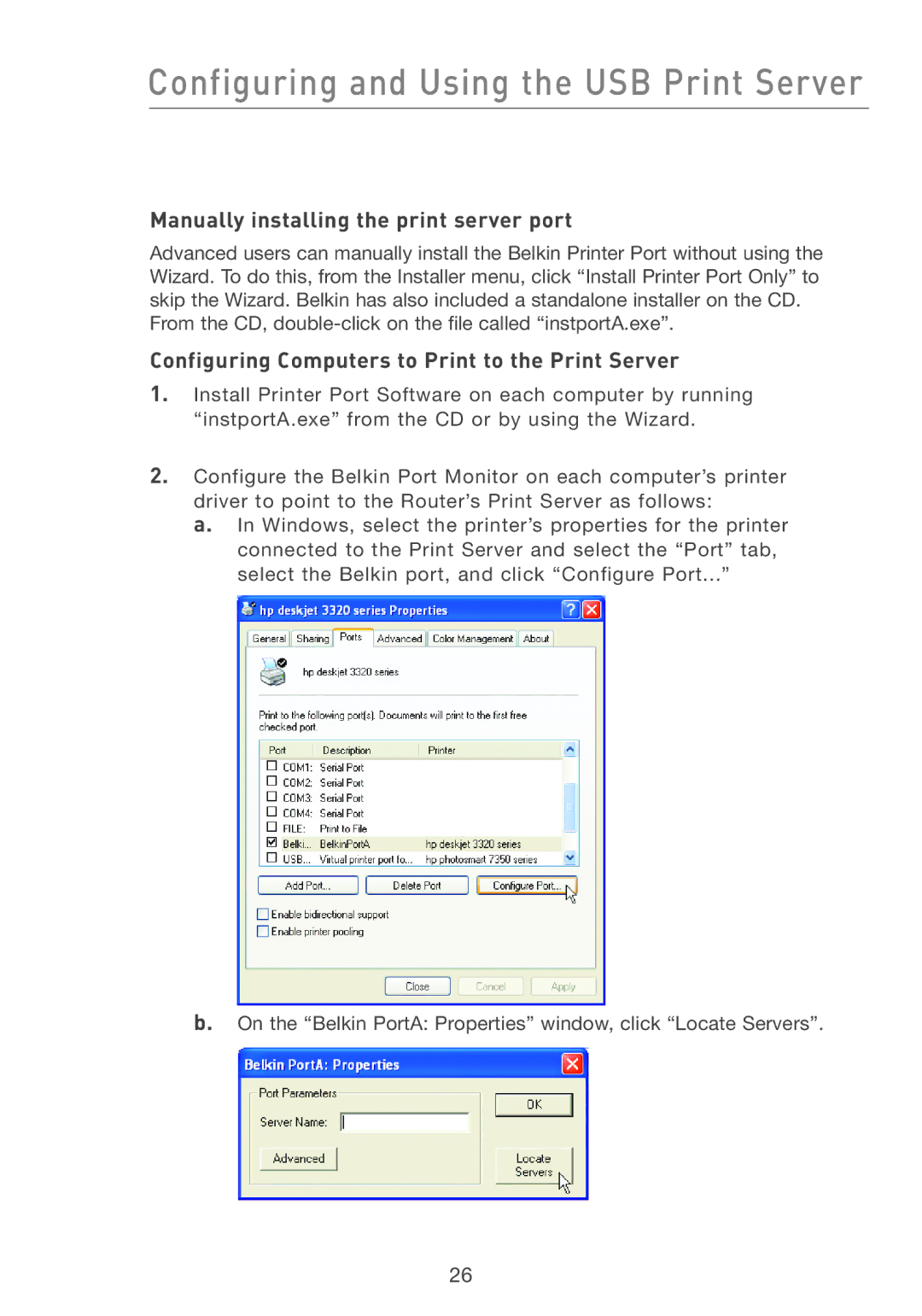 Belkin F5D7231-4P user manual Manually installing the print server port, Configuring Computers to Print to the Print Server 