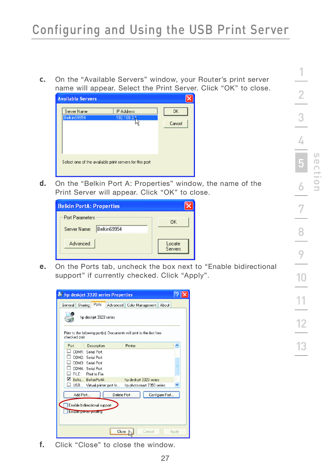 Belkin F5D7231-4P user manual Configuring and Using the USB Print Server 