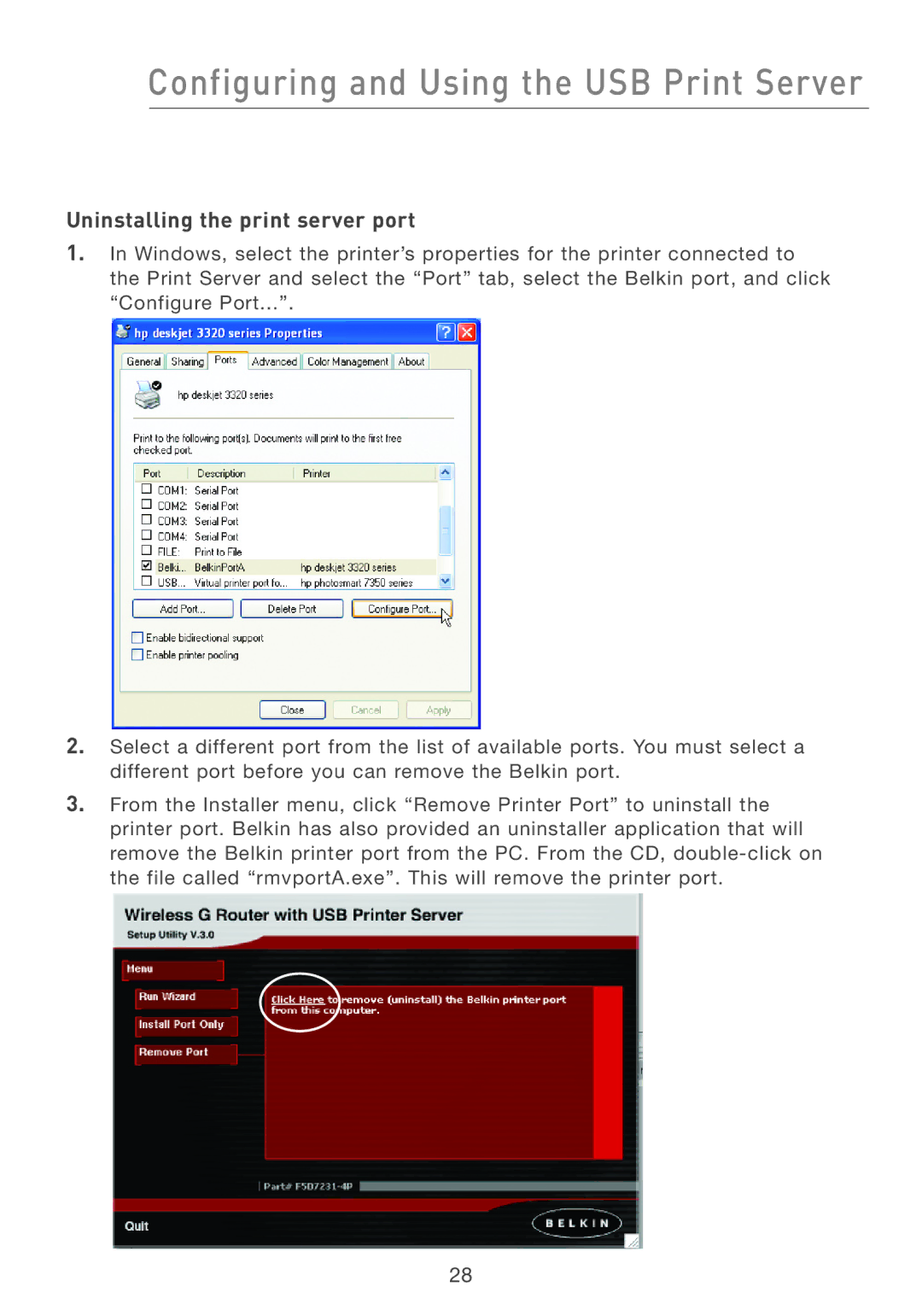 Belkin F5D7231-4P user manual Uninstalling the print server port 