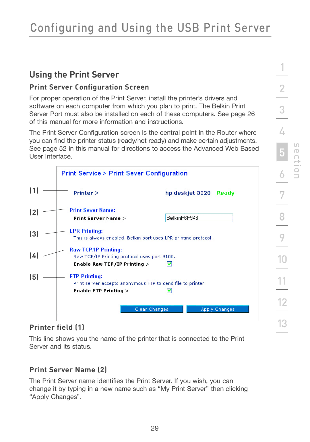 Belkin F5D7231-4P user manual Print Server Configuration Screen, Printer field, Print Server Name 